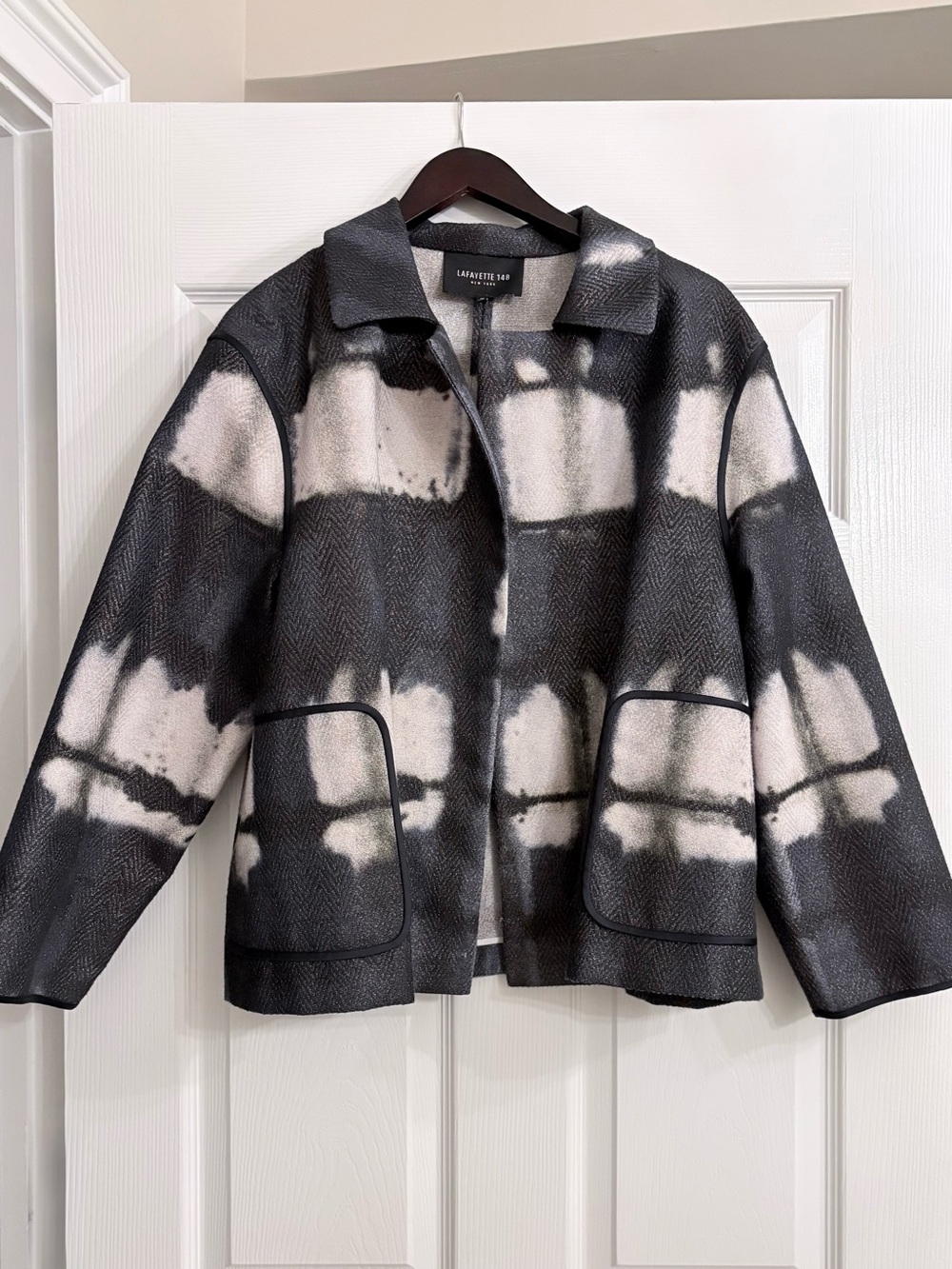 Lafayette 148 Metallic Plaid Herringbone Open Front Jacket XL Black Ivory